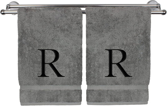 Monogrammed Hand Towel, Personalized Gift, Set of 2- Black Block Letter Embroidered Towel - Extra Absorbent 100% Turkish Cotton - Soft Terry Finish - Initial R Gray