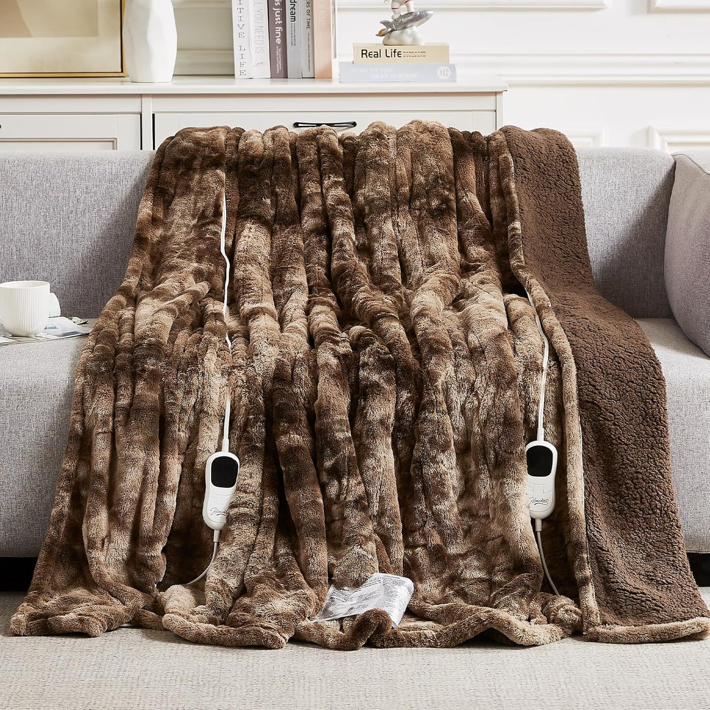 Homemate Electric Heated Blanket Queen Size - 84"x90" Heating Blanket Queen Size Dual Control 1/2/4/6/8 Hours Auto-Off 10 Heat Level Over-Heat Protection Luxury Faux Fur Sherpa ETL Certification