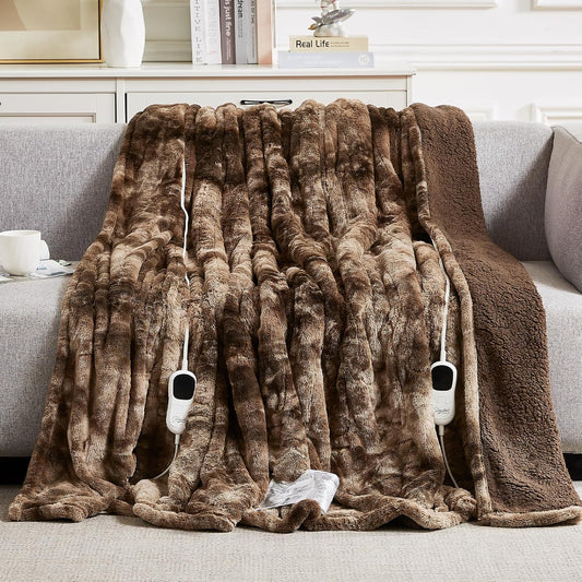 Homemate Electric Heated Blanket Queen Size - 84"x90" Heating Blanket Queen Size Dual Control 1/2/4/6/8 Hours Auto-Off 10 Heat Level Over-Heat Protection Luxury Faux Fur Sherpa ETL Certification