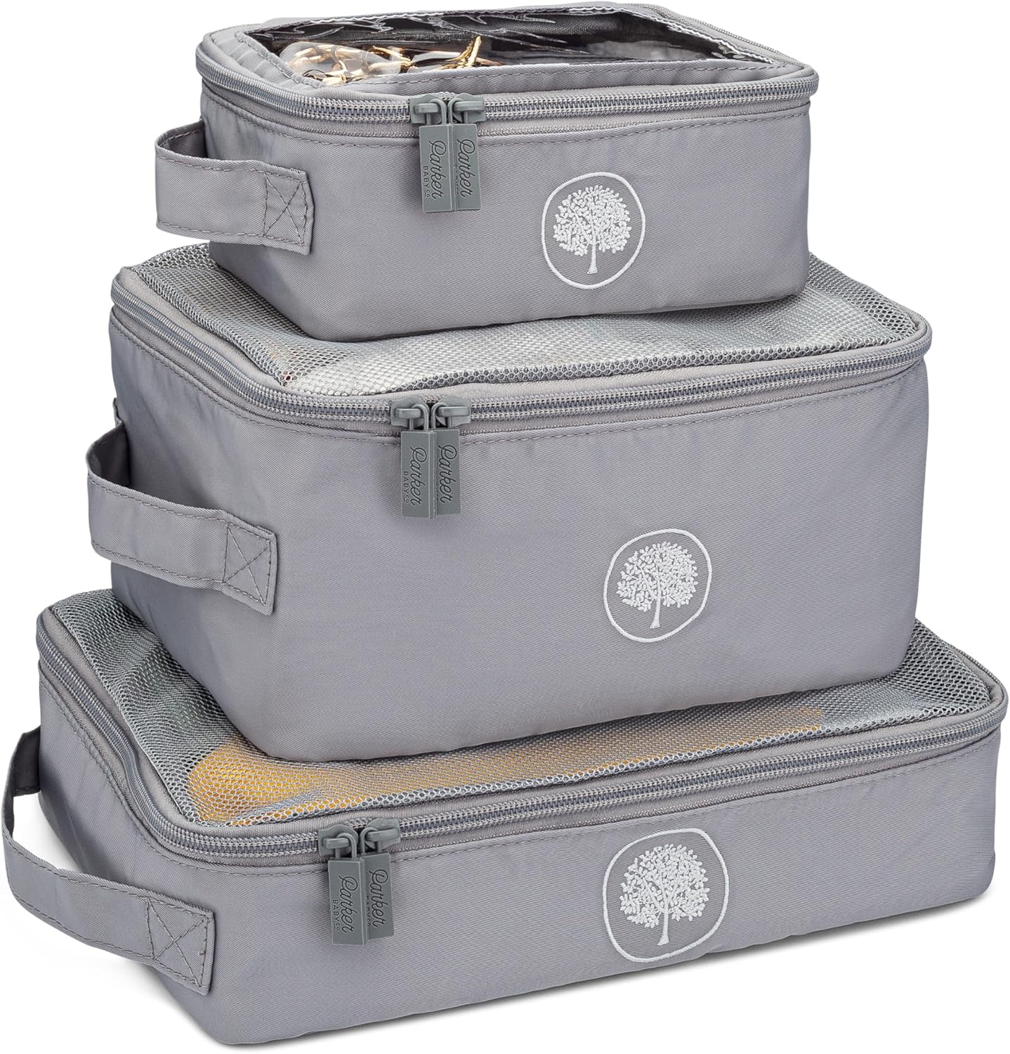 Parker Baby Co. Lightweight Packing Cube Set 3-Pack | Collapsible, Durable, Mesh & Clear Top | Travel Organizer for Diaper Bags, Luggage - Gray/Gray Buffalo