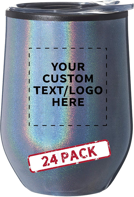 Custom Palmera Stemless Wine Tumblers with Lids 12 oz. Set of 24, Personalized Bulk Pack - Perfect for Wine, Cocktails, Other Hot & Cold Beverages - Iridescent Blue