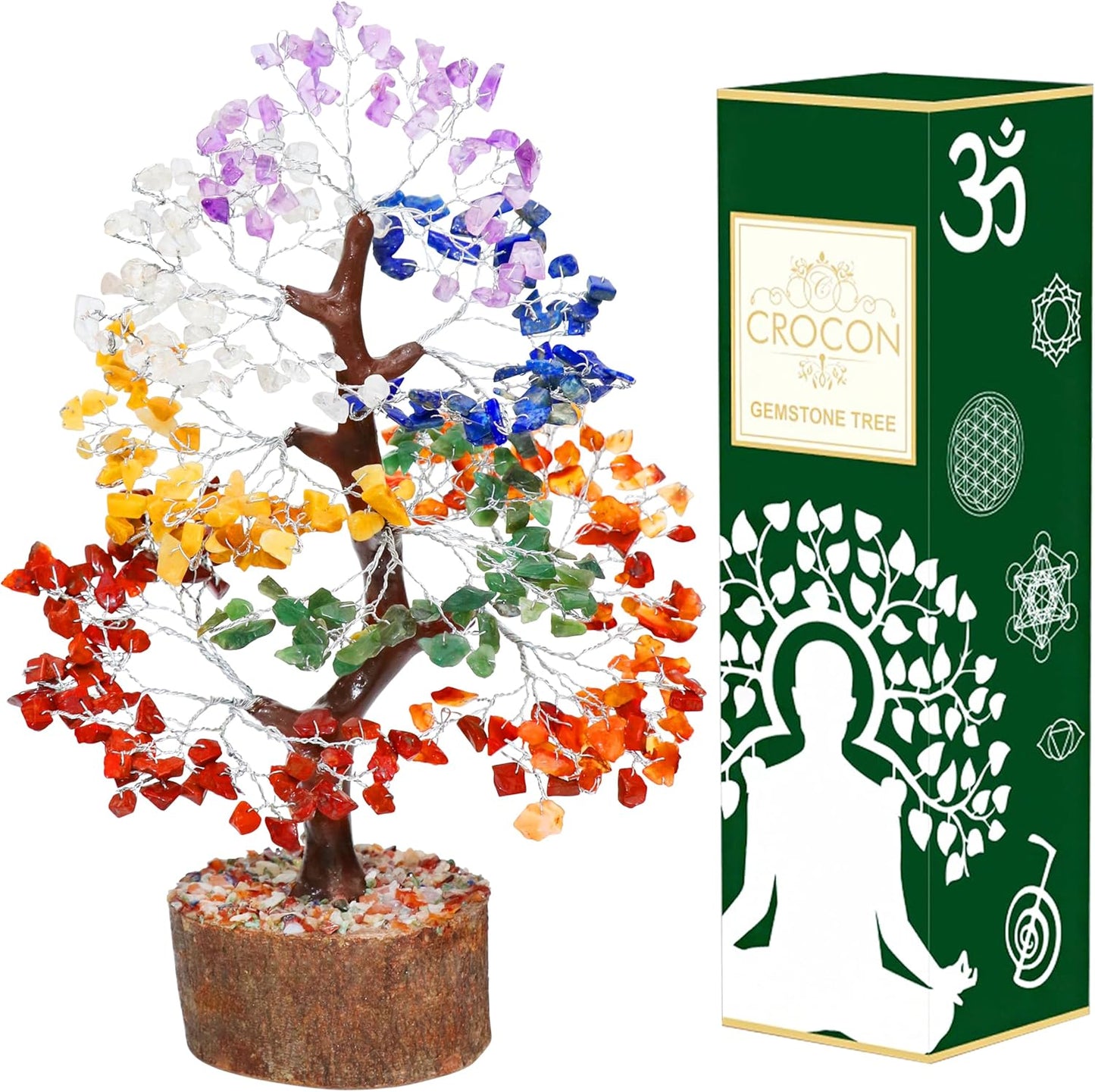 Crocon Seven Chakra Gemstone Tree Feng Shui Figurine Money Bonsai Good Luck Reiki Healing Crystals Balancing Decoration Ornament Sculpture Wealth Prosperity Table Room Decor Gift Size 10-12"