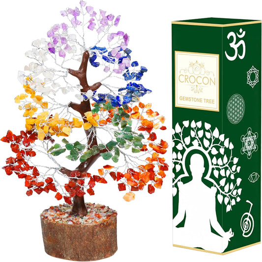 Crocon Seven Chakra Gemstone Tree Feng Shui Figurine Money Bonsai Good Luck Reiki Healing Crystals Balancing Decoration Ornament Sculpture Wealth Prosperity Table Room Decor Gift Size 10-12"