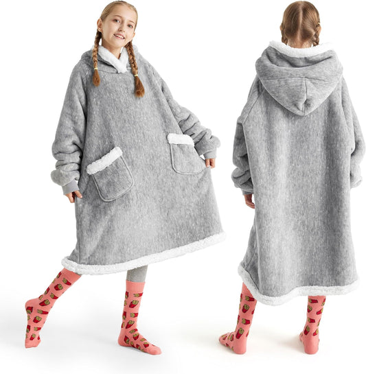 Bedsure Blanket Hoodie, Wearable Blanket for Adults & Kids as Gifts for Women Men, Birthday Gifts for Women Mom Girl Sherpa Oversized Hoodie, Concrete Grey, Kids