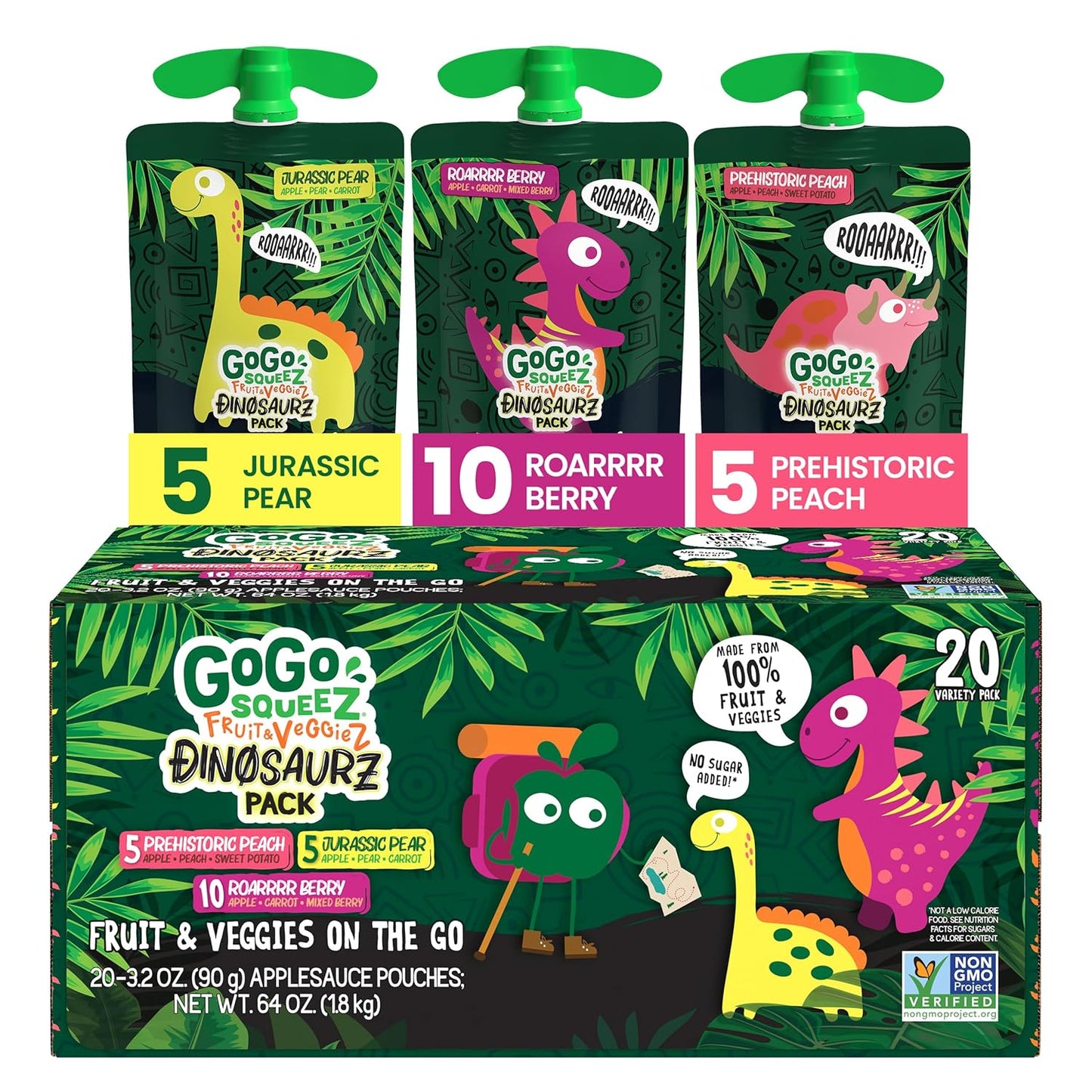 GoGo squeeZ Fruit & veggieZ Applesauce and Puree Variety Pack, Jurassic Pear, Roarrrr Berry & Prehistoric Peach, 3.2 oz (Pack of 20), Unsweetened Snacks for Kids, BPA Free Pouches