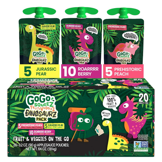GoGo squeeZ Fruit & veggieZ Applesauce and Puree Variety Pack, Jurassic Pear, Roarrrr Berry & Prehistoric Peach, 3.2 oz (Pack of 20), Unsweetened Snacks for Kids, BPA Free Pouches