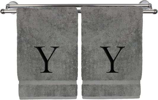Monogrammed Hand Towel, Personalized Gift, Set of 2- Black Block Letter Embroidered Towel - Extra Absorbent 100% Turkish Cotton - Soft Terry Finish - Initial Y Gray