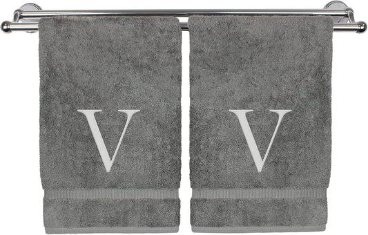 Monogrammed Hand Towel, Personalized Gift, Set of 2- Silver Block Letter Embroidered Towel - Extra Absorbent 100% Turkish Cotton - Soft Terry Finish - Initial V Gray