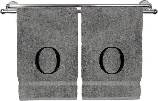 Monogrammed Hand Towel, Personalized Gift, Set of 2- Black Block Letter Embroidered Towel - Extra Absorbent 100% Turkish Cotton - Soft Terry Finish - Initial O Gray