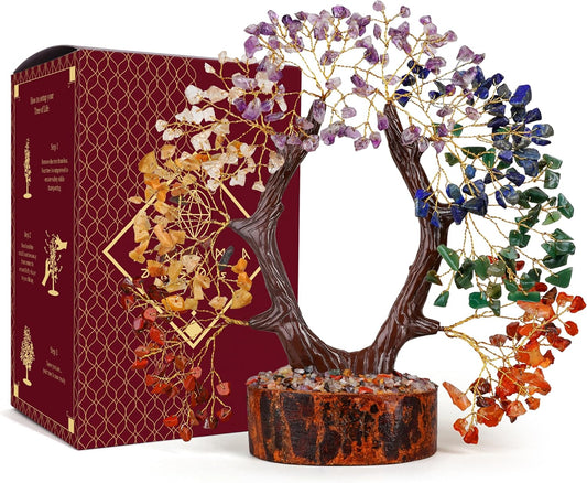 Crystal Tree of Life 7 Chakra Healing Crystal Trees for Home, Office Desk Decor, Handmade Trees for Positive Energy, Money, Good Luck Birthday Gifts for Women, Mom (U Shape)