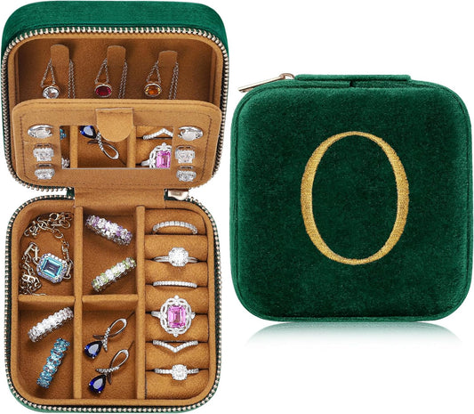 Parima Plush Velvet Jewelry Travel Organizer for Women Girl - Small Travel Jewelry Box Personalized Jewelry Case Travel Essentials for Women Birthday Mom Friends Teenage Gift Idea - Letter O, Green