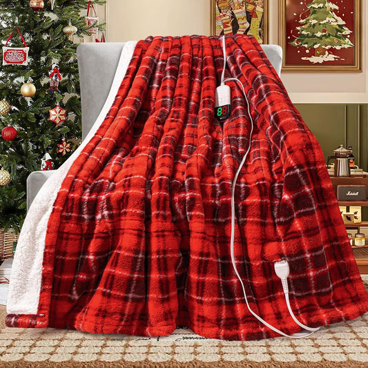 MAXEVE Faux Fur Heated Electric Blanket, 50"x60" Fast Heating Warming Throw Blankets with 8 Heating Levels & 8 Hours Auto Off with Over-Heat Protection & ETL Certified, Plaid Red