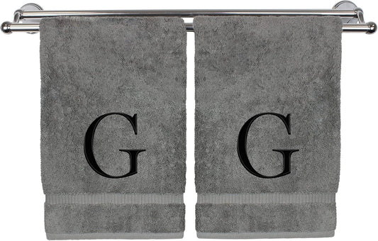 Monogrammed Hand Towel, Personalized Gift, Set of 2- Black Block Letter Embroidered Towel - Extra Absorbent 100% Turkish Cotton - Soft Terry Finish - Initial G Gray