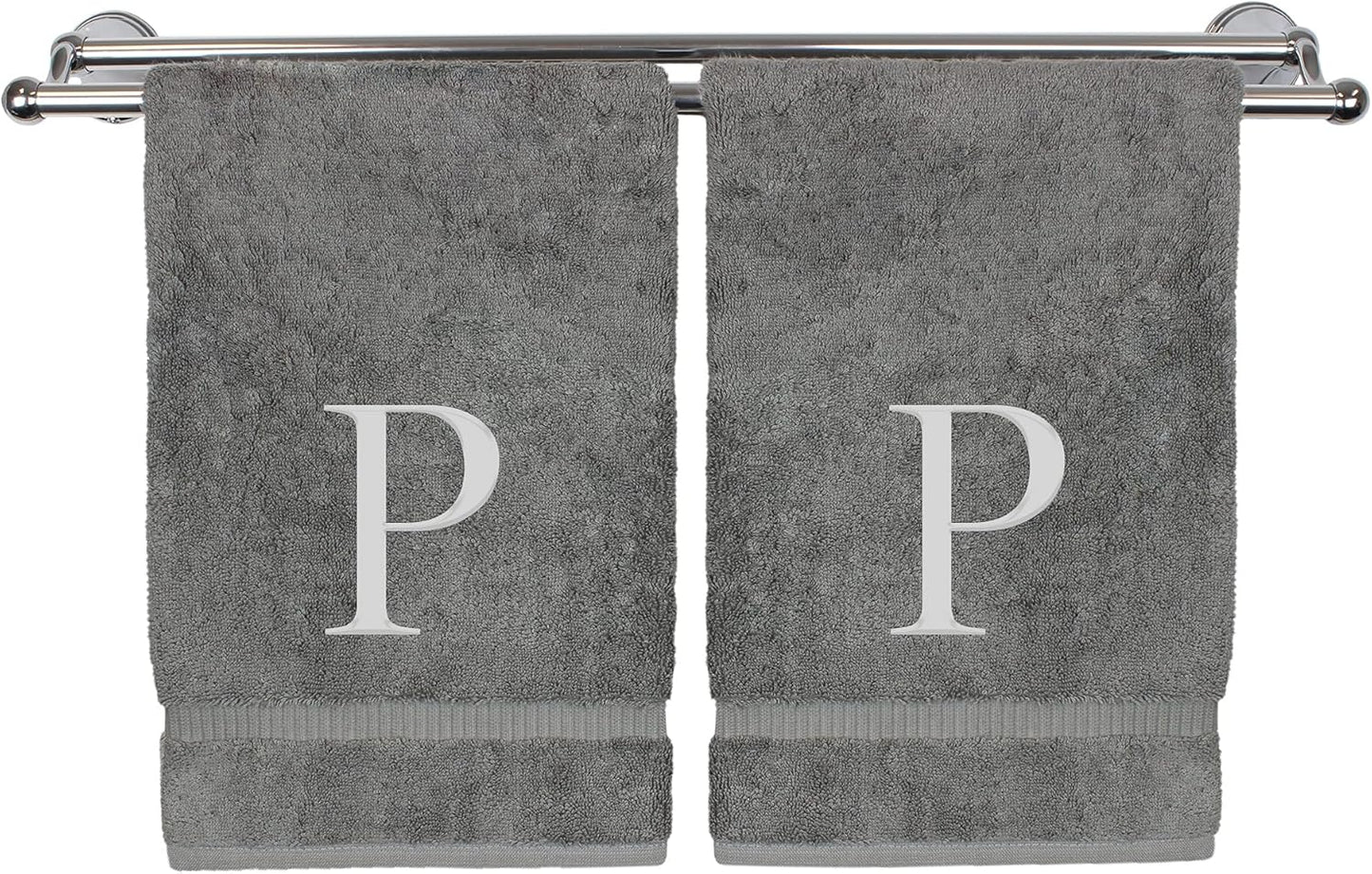 Monogrammed Hand Towel, Personalized Gift, Set of 2- Silver Block Letter Embroidered Towel - Extra Absorbent 100% Turkish Cotton - Soft Terry Finish - Initial P Gray