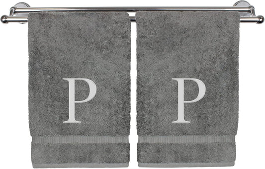 Monogrammed Hand Towel, Personalized Gift, Set of 2- Silver Block Letter Embroidered Towel - Extra Absorbent 100% Turkish Cotton - Soft Terry Finish - Initial P Gray