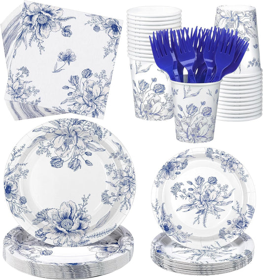 144 Pieces Blue and White Flower Print Party Tableware Sets Including Disposable Plates Napkins Cups Forks Serves 24 for Wedding Birthday Baby Shower Party Supplies