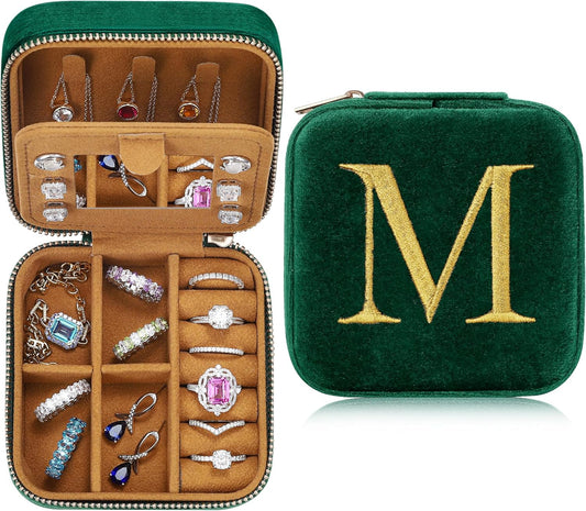 Parima Gifts for Women - Mom Gifts, Mothers Day Gifts, Mother Birthday Gifts, Mother In Law Gifts, Plush Velvet Personalized Jewelry Box Travel Jewelry Case - Letter M, Green