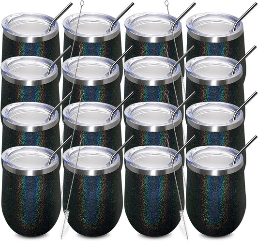 MEWAY 12oz/16 Pack Wine Tumbler Glasses with Lid - Stemless Double Wall Vacuum Stainless Steel Glitter Tumbler - Keeping Cold & Hot Cup for Coffee,Gift for Women(Rainbow Black,Set of 16)