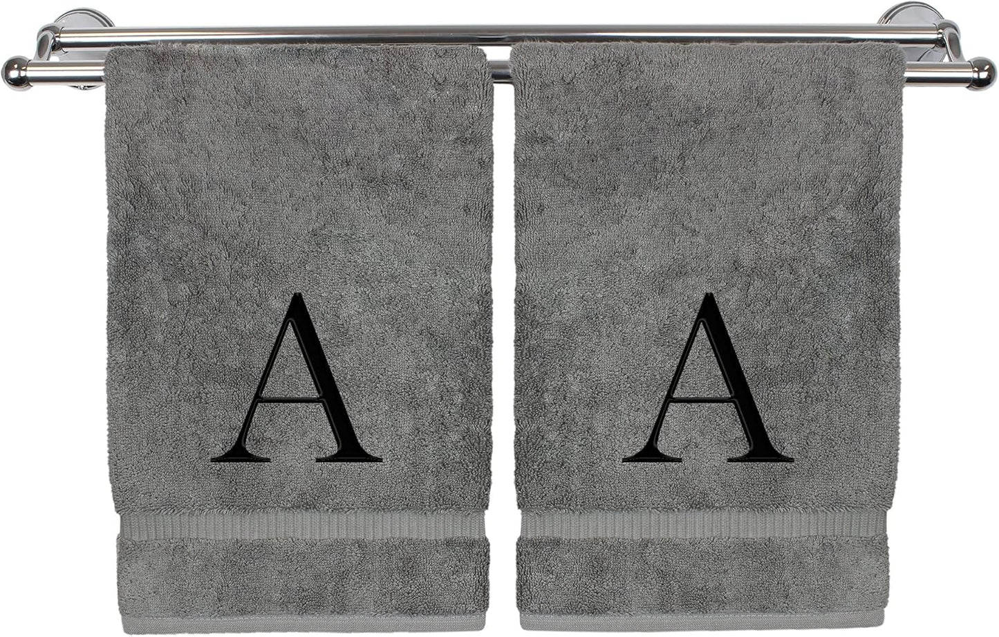 Monogrammed Hand Towel, Personalized Gift, Set of 2- Black Block Letter Embroidered Towel - Extra Absorbent 100% Turkish Cotton - Soft Terry Finish - Initial A Gray
