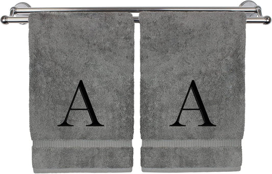Monogrammed Hand Towel, Personalized Gift, Set of 2- Black Block Letter Embroidered Towel - Extra Absorbent 100% Turkish Cotton - Soft Terry Finish - Initial A Gray