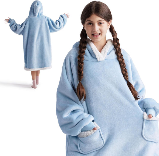 Bedsure Blanket Hoodie, Wearable Blanket for Adults & Kids as Gifts for Women Men, Birthday Gifts for Women Mom Girl Sherpa Oversized Hoodie, Sky Blue, Kids