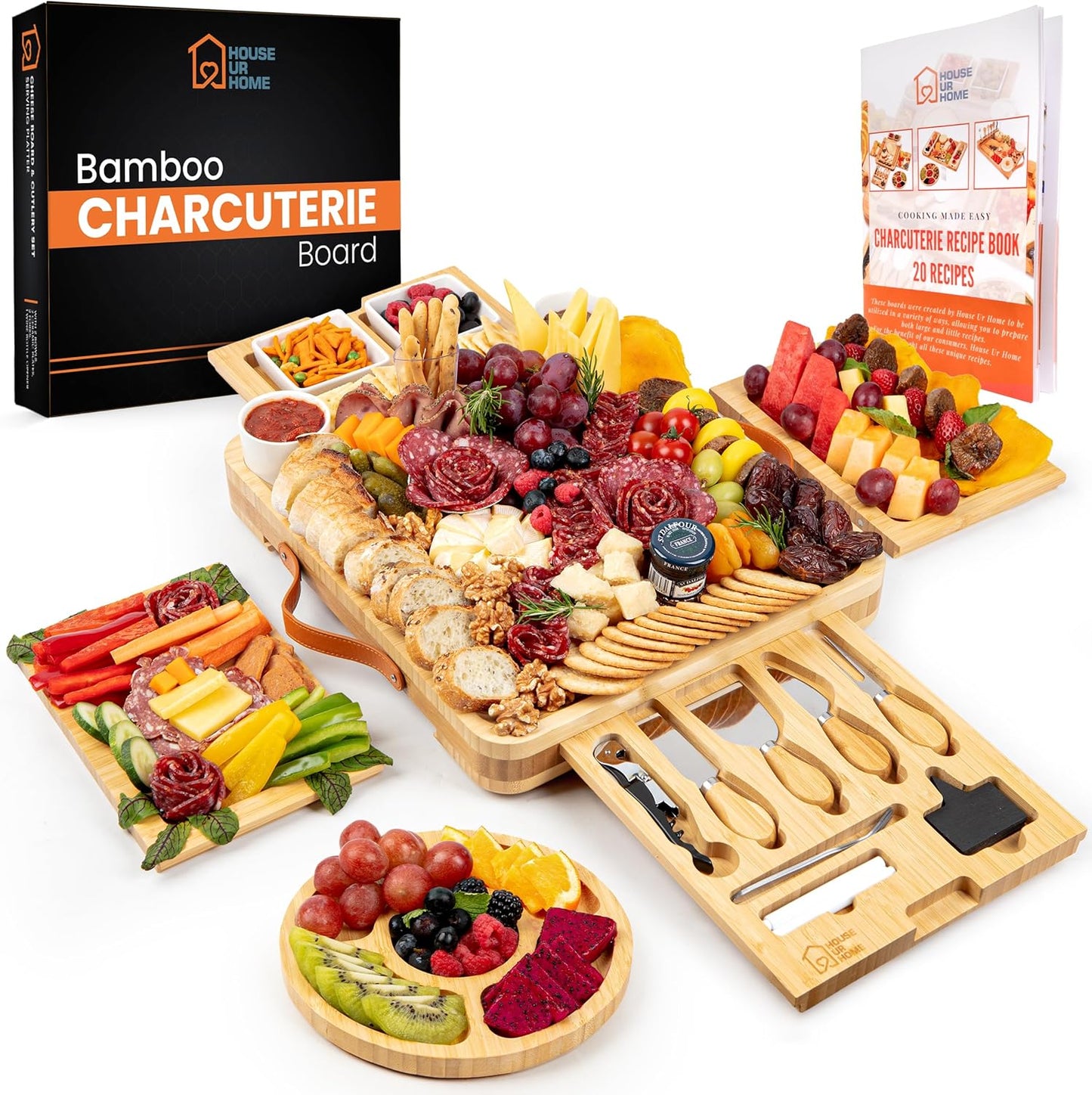 Large Bamboo Charcuterie Boards Gift Set with 4 Hidden Drawers, Cheese Knives, Ceramic Bowls & Plates, Recipe Book, Perfect House Warming Gifts New Home