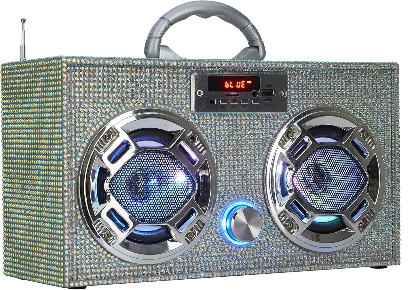 Mini Boombox with LED Speakers – Retro Bluetooth Speaker w/Enhanced FM Radio - Perfect for Home and Outdoor (Iridescent Bling)