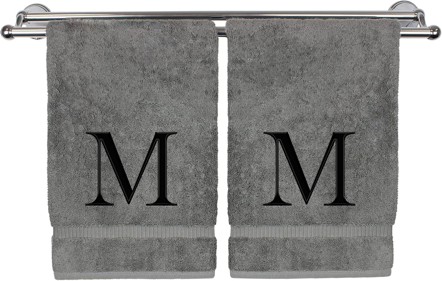 Monogrammed Hand Towel, Personalized Gift, Set of 2- Black Block Letter Embroidered Towel - Extra Absorbent 100% Turkish Cotton - Soft Terry Finish - Initial M Gray