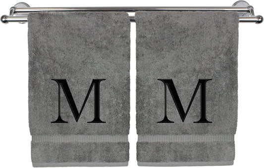 Monogrammed Hand Towel, Personalized Gift, Set of 2- Black Block Letter Embroidered Towel - Extra Absorbent 100% Turkish Cotton - Soft Terry Finish - Initial M Gray