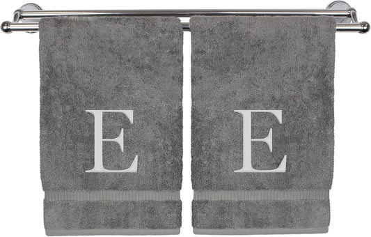 Monogrammed Hand Towel, Personalized Gift, Set of 2- Silver Block Letter Embroidered Towel - Extra Absorbent 100% Turkish Cotton - Soft Terry Finish - Initial E Gray