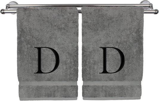 Monogrammed Hand Towel, Personalized Gift, Set of 2- Black Block Letter Embroidered Towel - Extra Absorbent 100% Turkish Cotton - Soft Terry Finish - Initial D Gray