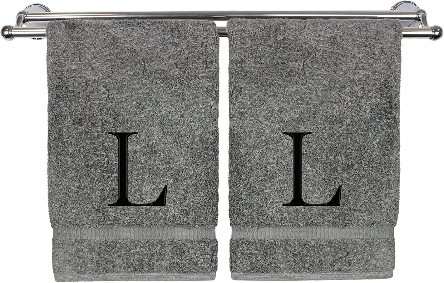 Monogrammed Hand Towel, Personalized Gift, Set of 2- Black Block Letter Embroidered Towel - Extra Absorbent 100% Turkish Cotton - Soft Terry Finish - Initial L Gray