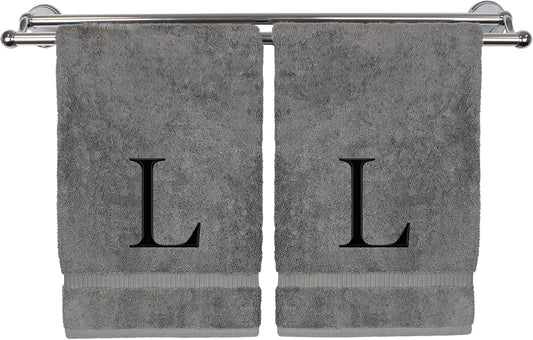Monogrammed Hand Towel, Personalized Gift, Set of 2- Black Block Letter Embroidered Towel - Extra Absorbent 100% Turkish Cotton - Soft Terry Finish - Initial L Gray