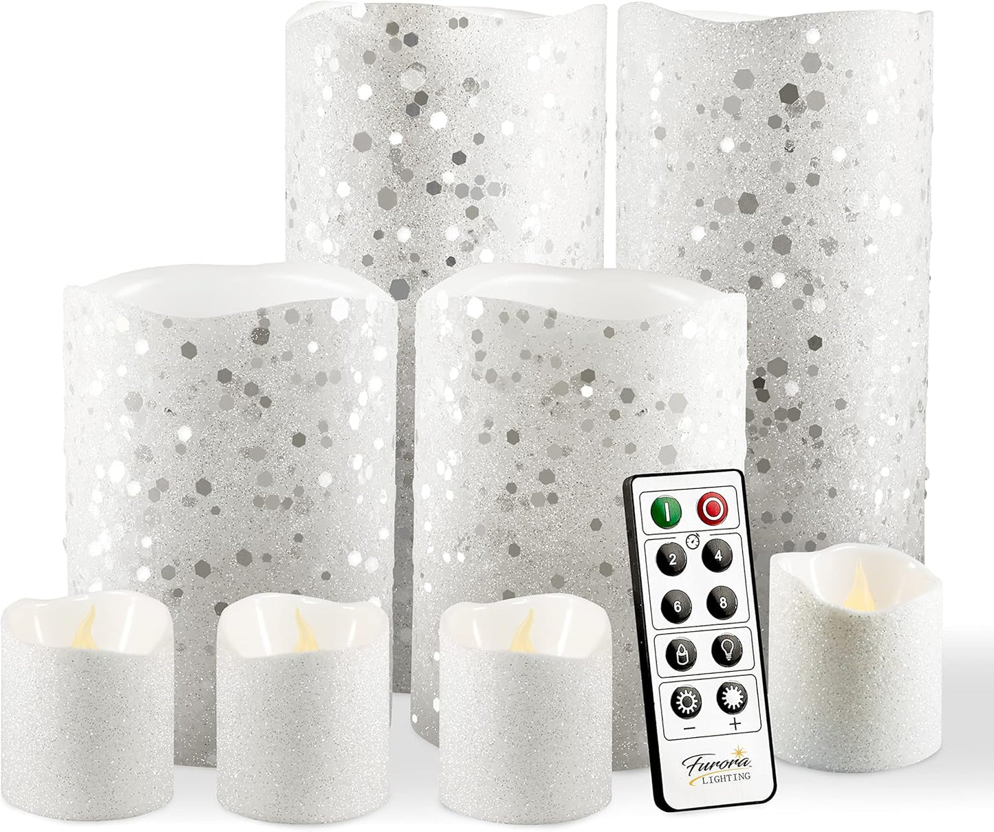 FURORA LIGHTING White Glitter Real Wax Flameless LED Candles with Remote & Timer (2/4/6/8 H), Battery Operated for Safety and Elegance, Pack of 8
