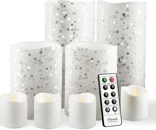 FURORA LIGHTING White Glitter Real Wax Flameless LED Candles with Remote & Timer (2/4/6/8 H), Battery Operated for Safety and Elegance, Pack of 8