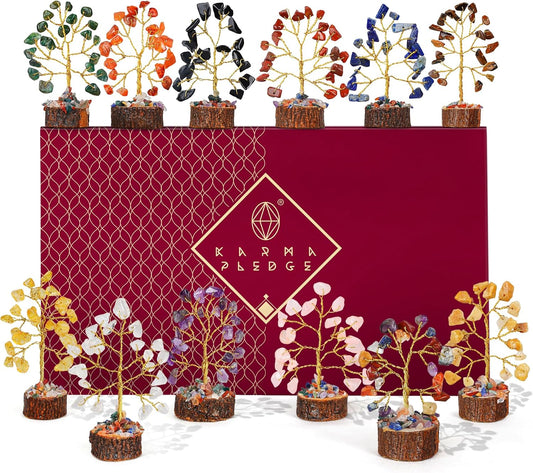 Chakra Healing Crystal Tree Set of 12, Thoughtful Gifts for Women, Office Desk Decoration, Home, Shelf Decor for Positive Energy, Money, Reiki Healing, Good Luck, Birthday Gifts for Mom Love Ones