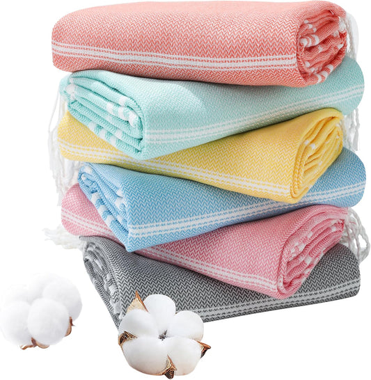 Genovega 6 Packs Oversized Turkish Beach Bath Towel Set Bulk 74"x38" Extra Large Sand Free Quick Dry Swim Camping Pool Clearance Towels Travel Blanket Adult Essentials Multi Stripe