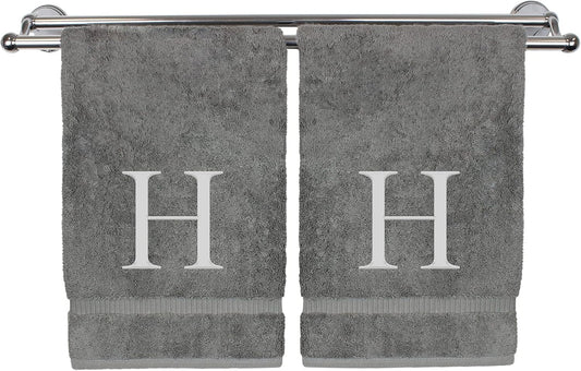 Monogrammed Hand Towel, Personalized Gift, Set of 2- Silver Block Letter Embroidered Towel - Extra Absorbent 100% Turkish Cotton - Soft Terry Finish - Initial H Gray