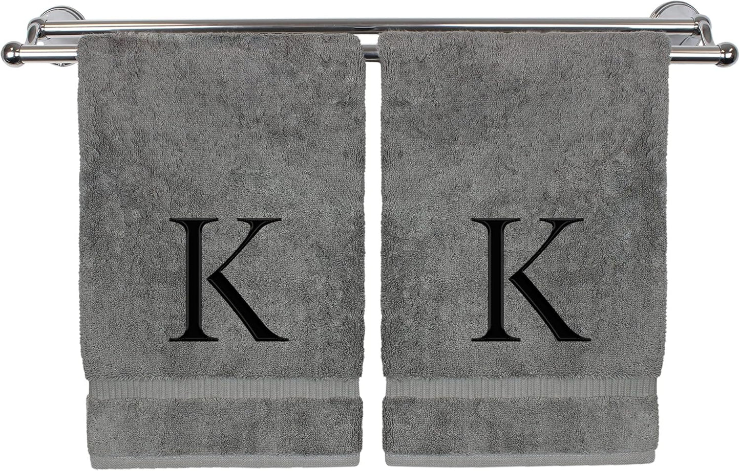 Monogrammed Hand Towel, Personalized Gift, Set of 2- Black Block Letter Embroidered Towel - Extra Absorbent 100% Turkish Cotton - Soft Terry Finish - Initial K Gray