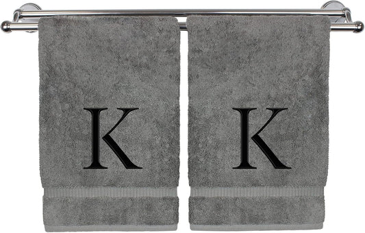 Monogrammed Hand Towel, Personalized Gift, Set of 2- Black Block Letter Embroidered Towel - Extra Absorbent 100% Turkish Cotton - Soft Terry Finish - Initial K Gray