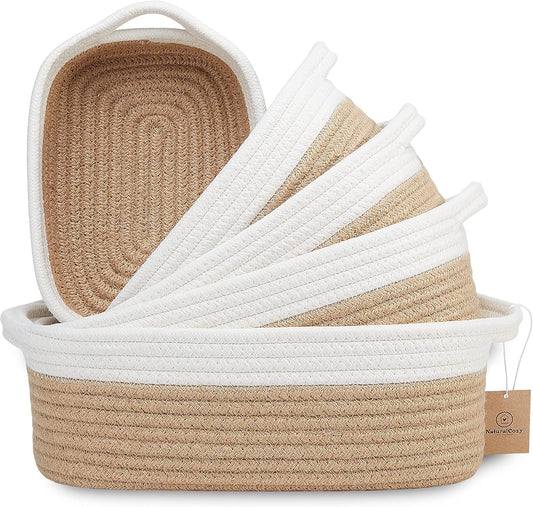 NaturalCozy 5-Piece Rectangle Storage Basket Set- Natural Cotton Rope Woven Baskets for Organizing! Small Basket for Montessori, Baby Nursery, Dog Toy Baskets, Cat Toy Box, Bathroom Organization Bin