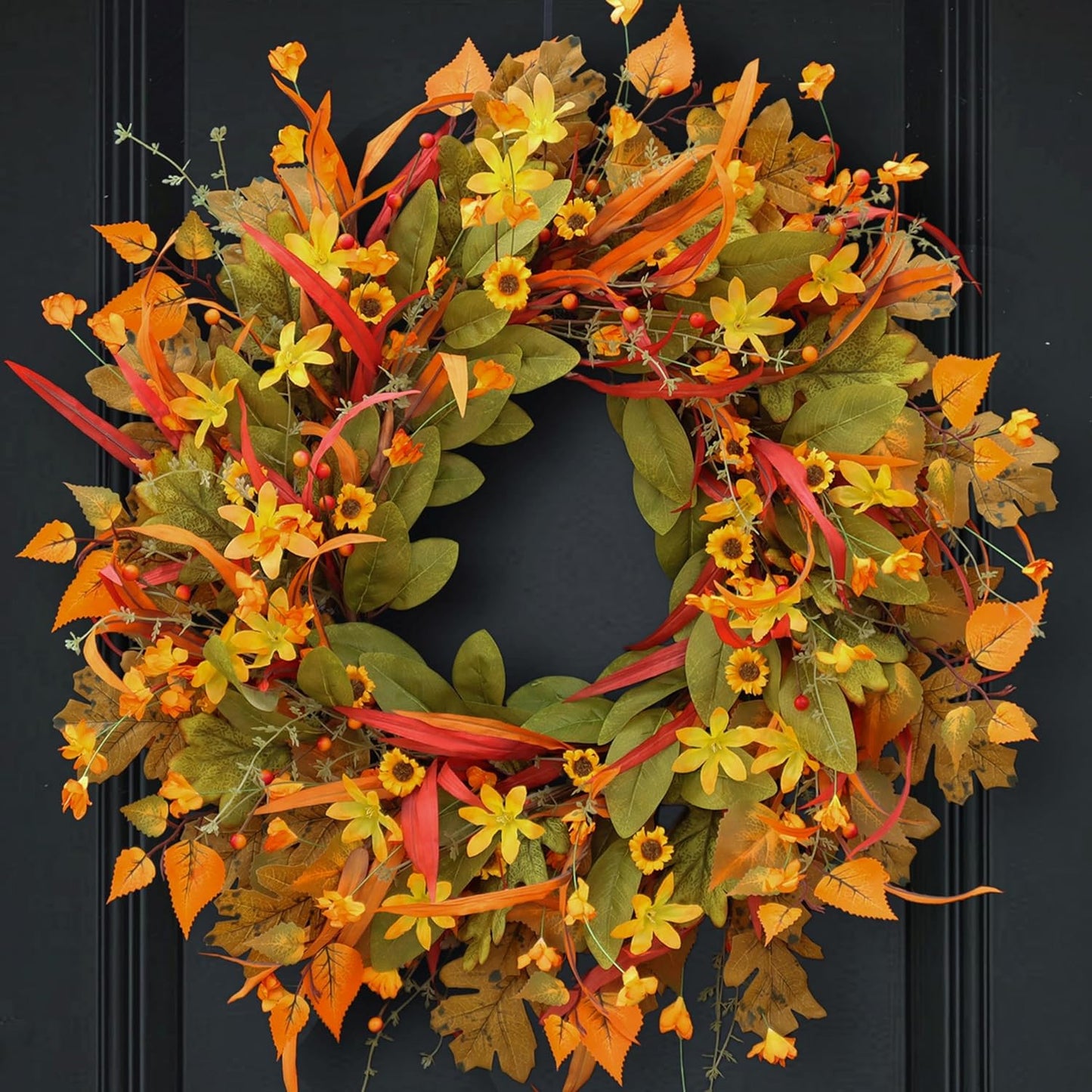 Fall Wreath for Front Door, 24 Inch Autumn Wreath with Berries,Lemon Leaves, Oak Leaves, and Maple Leaves Fall Decorations for Home, Artificial Flowers Harvest and Thanksgiving Indoor & Outdoor