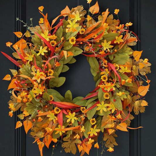 Fall Wreath for Front Door, 24 Inch Autumn Wreath with Berries,Lemon Leaves, Oak Leaves, and Maple Leaves Fall Decorations for Home, Artificial Flowers Harvest and Thanksgiving Indoor & Outdoor
