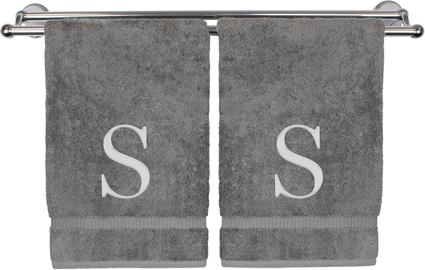 Monogrammed Hand Towel, Personalized Gift, Set of 2- Silver Block Letter Embroidered Towel - Extra Absorbent 100% Turkish Cotton - Soft Terry Finish - Initial S Gray