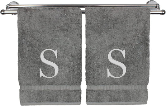 Monogrammed Hand Towel, Personalized Gift, Set of 2- Silver Block Letter Embroidered Towel - Extra Absorbent 100% Turkish Cotton - Soft Terry Finish - Initial S Gray