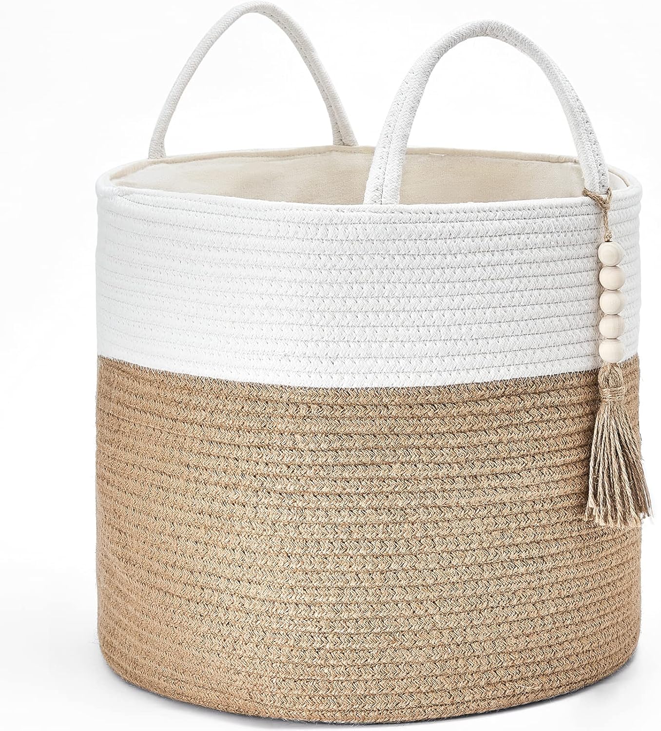 Mkono Woven Storage Basket Decorative Natural Rope Basket Wooden Bead Decoration for Blankets,Toys,Clothes,Shoes,Plant Organizer Bin with Handles Living Room Home, 16" Wx13.8 L, Cream White and Brown