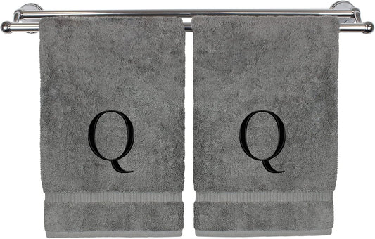 Monogrammed Hand Towel, Personalized Gift, Set of 2- Black Block Letter Embroidered Towel - Extra Absorbent 100% Turkish Cotton - Soft Terry Finish - Initial Q Gray