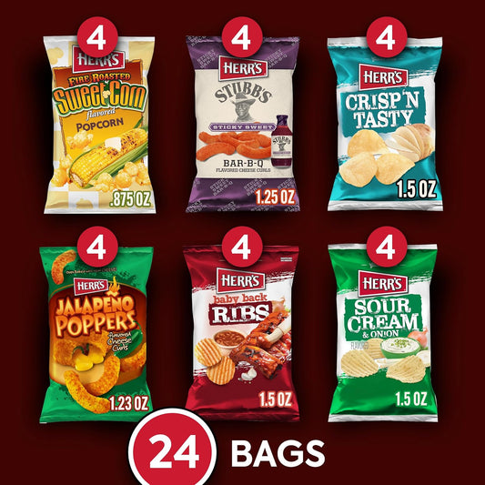 Herr's Variety Pack, Assorted Snacks, 0.625–1.5 Ounce (Pack of 24 Bags) – A Delicious Mix of Chips, Pretzels, and Cheese Snacks – Great for Family Snacking and Lunchboxes