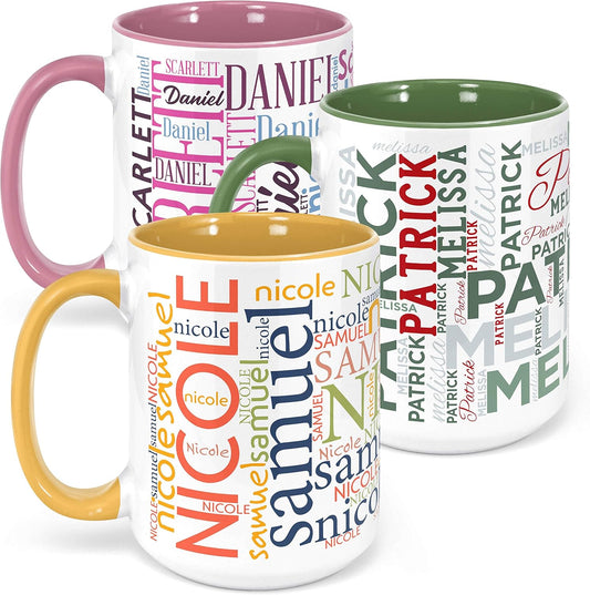 Personalized Coffee Mugs w/Word Cloud Art, 12 Colors & 9 Font Art, 15 oz. Custom Gifts for Couples, Men, Women - Yellow/White, Ceramic Keepsake Mug, Personalized Gifts