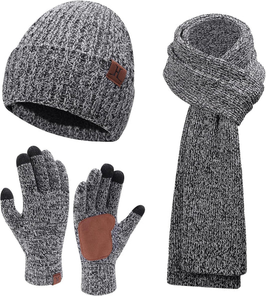 FZ FANTASTIC ZONE Mens Winter Knit Hat Beanie Long Neck Scarf Touchscreen Gloves Set Fleece Skull Caps Gifts for Men Women